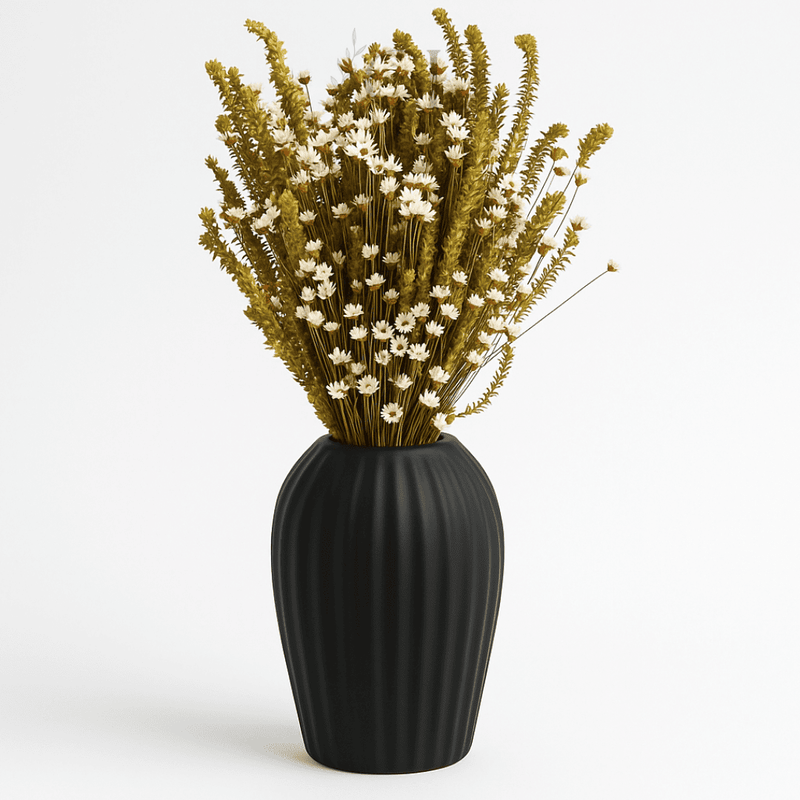 Vaso Canelado de Cerâmica com Flores Secas | Elegância Natural em Textura Fosca