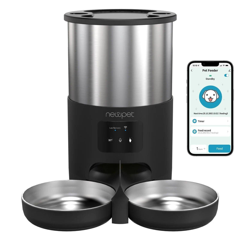 Comedouro para animais de estimação NewPet Smart em aço inoxidável 5L com WiFi, com capacidade de 5 litros para alimentação automatizada de animais de estimação.