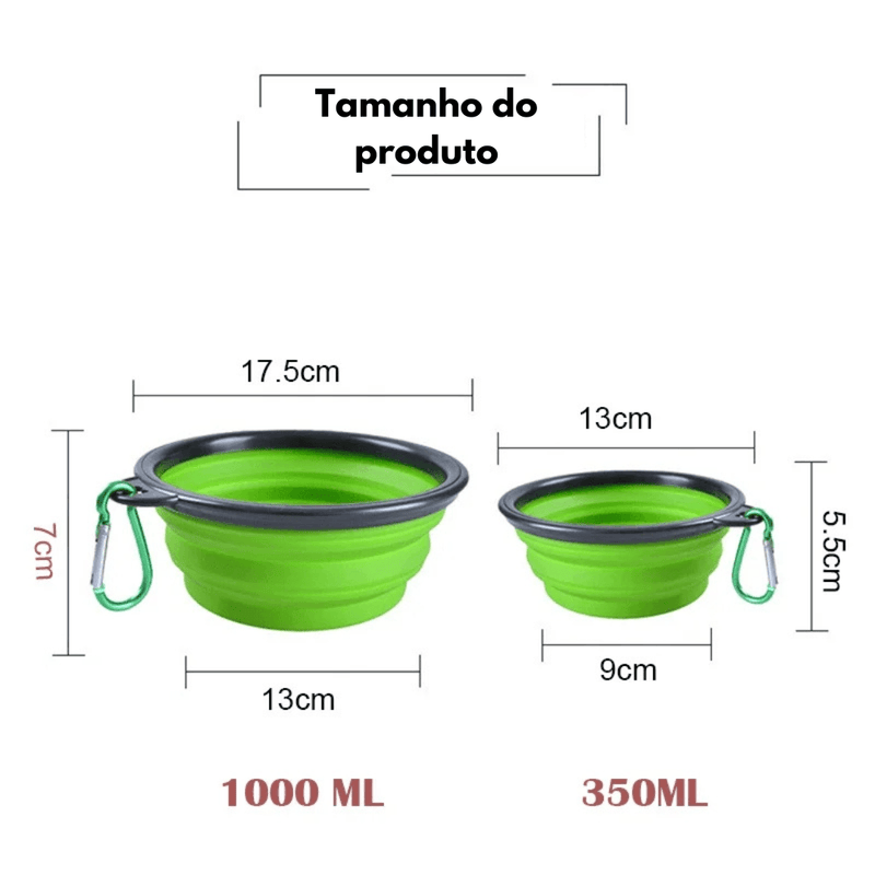 Alimentador de silicone portátil com mosquetão, projetado para viagens, leve e fácil de limpar para distribuir ração ou água para animais de estimação.